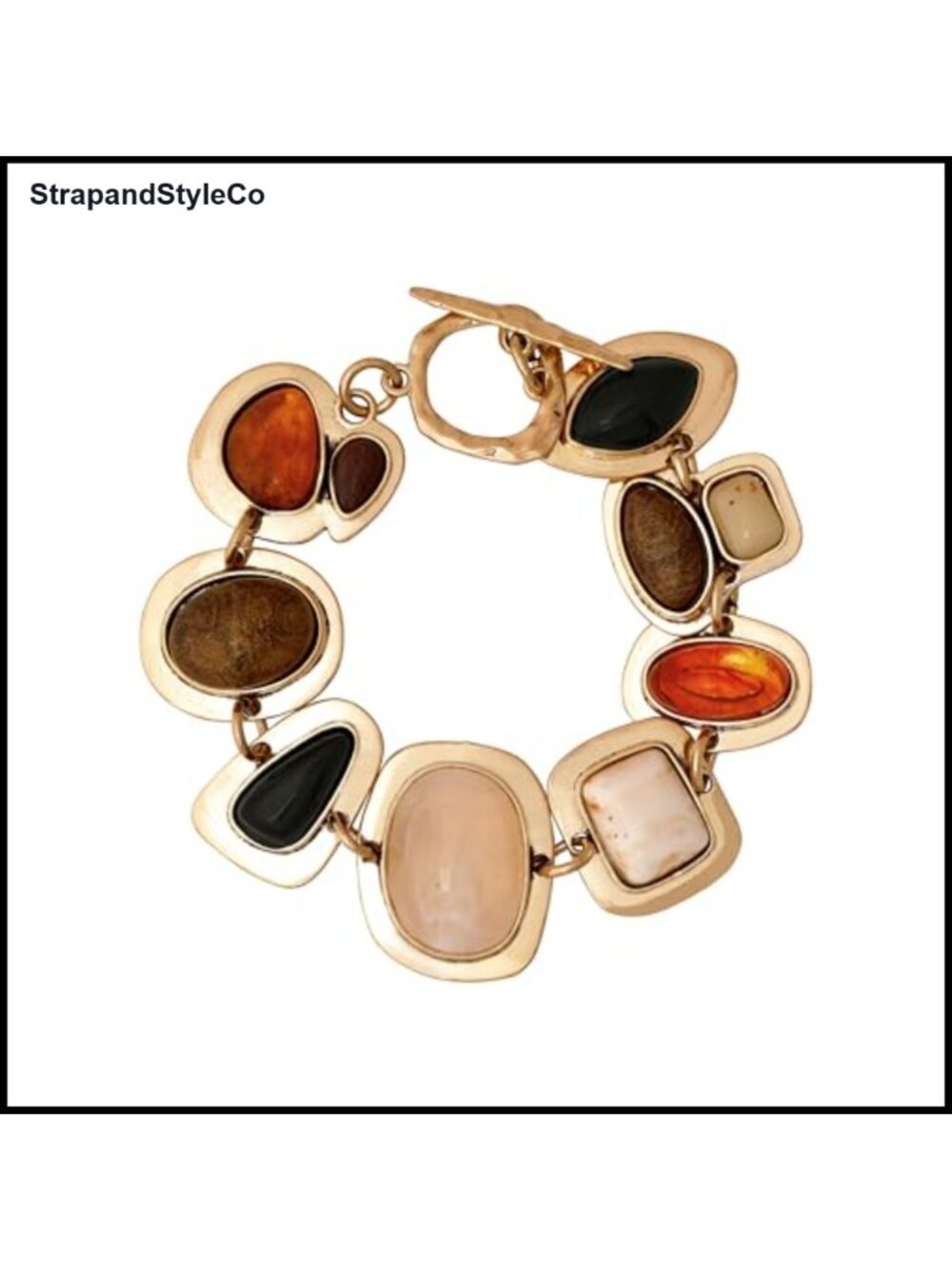 Gold Tone Chunky Link Bracelet Resin Stones Toggle Clasp Boho Statement